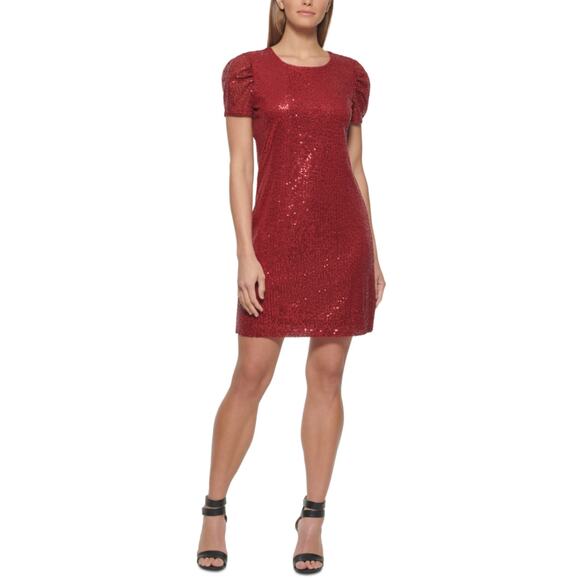 DKNY Red Sequined Cocktail Dress Size 14 Knee Length Short Sleeve Shift - Picture 7 of 11